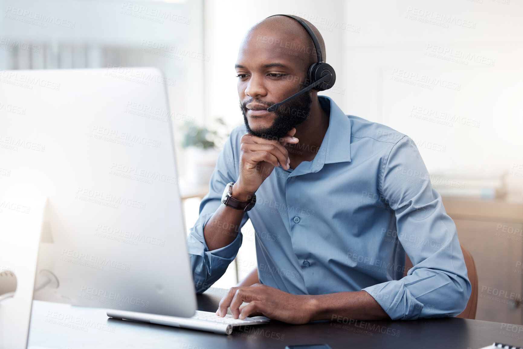 Buy stock photo Black man, computer and call center, thinking with contact us and communication, concentrate with headset and connect. Male agent with focus, customer service and help desk employee is reading online