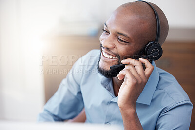 Buy stock photo Call center, black man and happy agent working on computer in the office, business in telemarketing or customer service. Businessman, face with smile and crm, conversation with client on help desk