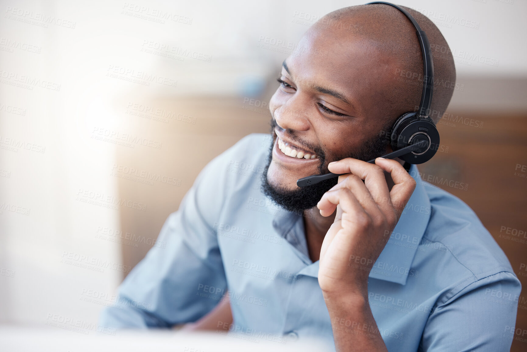 Buy stock photo Call center, black man and happy agent working on computer in the office, business in telemarketing or customer service. Businessman, face with smile and crm, conversation with client on help desk