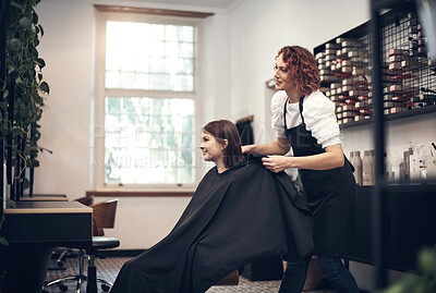 Buy stock photo Woman, hairdresser and business or salon preparation, professional stylist and client in chair. Discussion, treatment and conversation for haircut style, customer and beauty industry for service