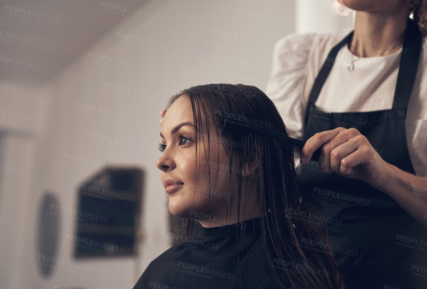 Buy stock photo Hand, hairdresser and comb hair of customer for keratin treatment, haircare and professional cut for hairstyle. Beauty salon, cosmetologist and hairstylist with client for grooming, service and care.