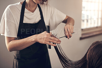 Buy stock photo Scissor, haircut and beautician with client in salon for split ends with hydration treatment. Beauty, service and stylist trimming for hairstyle with grooming and cosmetic routine for customer person