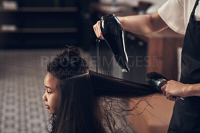 Buy stock photo Girl, client and salon for hairdryer in hairdresser, small business and beauty industry with stylist for hair service. Customer, blowing machine for pamper grooming, brush and professional or people