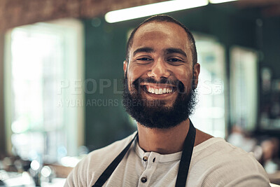 Buy stock photo Smile, confidence and portrait of man in barbershop with stylist, hairdresser or small business owner. Pride, about us and face of happy barber in salon with professional hair care grooming service