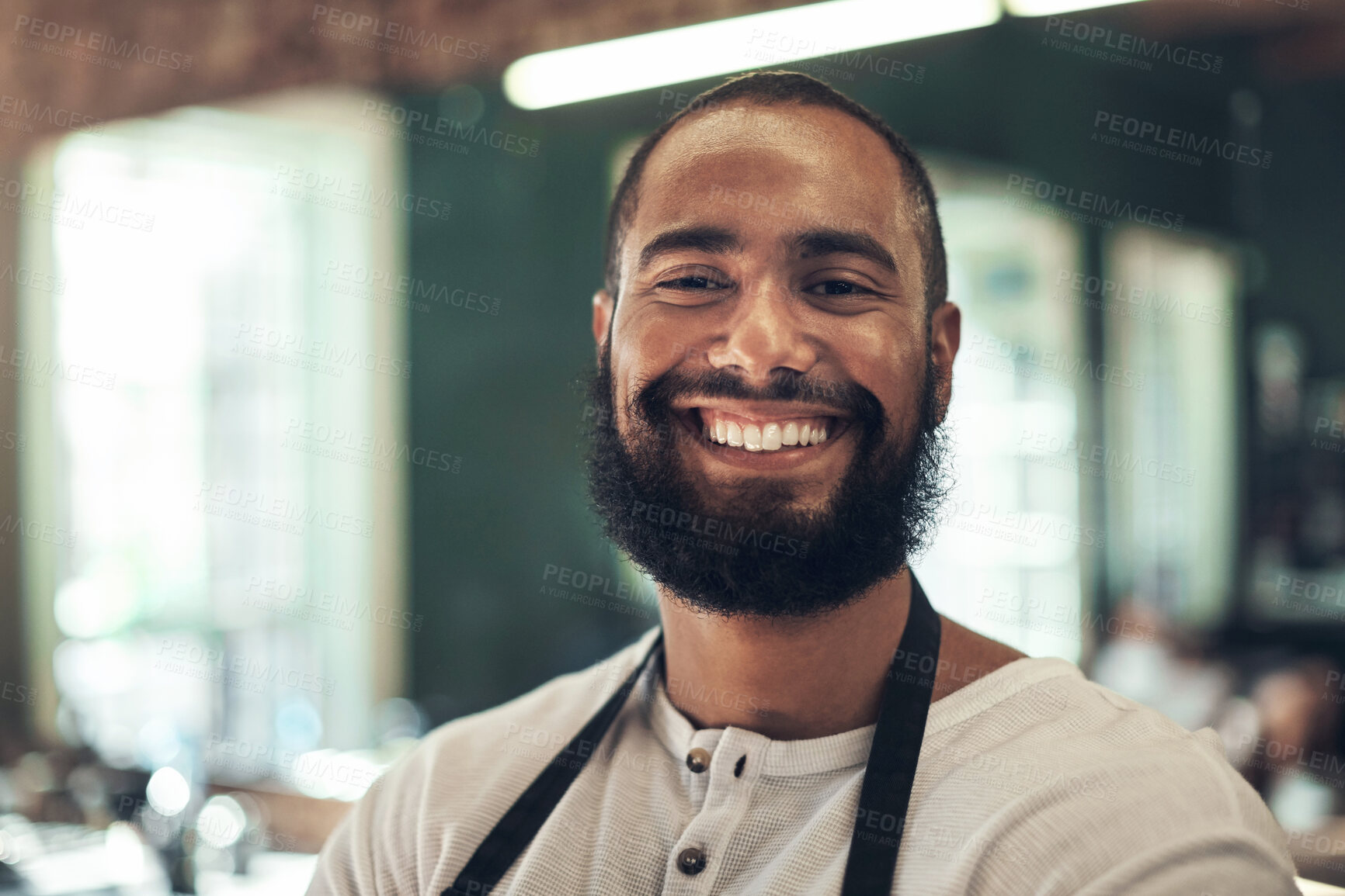 Buy stock photo Smile, confidence and portrait of man in barbershop with stylist, hairdresser or small business owner. Pride, about us and face of happy barber in salon with professional hair care grooming service