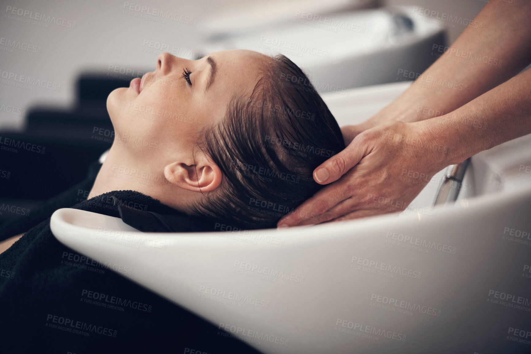 Buy stock photo Wellness, woman or washing hair of customer in salon or basin for cleaning treatment and scalp. Rinse, hands and grooming service for client, person or shampoo cosmetics for beauty, health or spa