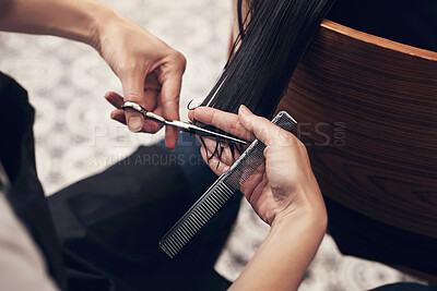 Buy stock photo Scissor, comb and hairdresser with client for haircut in salon for split ends with hydration treatment. Beauty, service and stylist trim for hairstyle with grooming and cosmetic routine for customer.