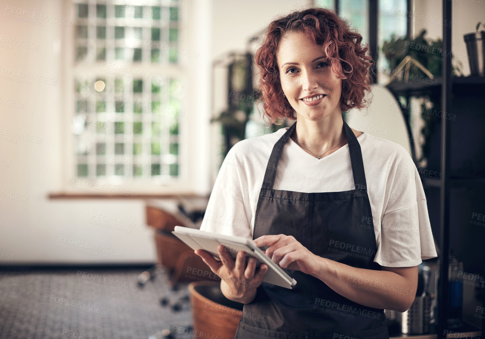 Buy stock photo Hair salon, portrait and woman with tablet at work for client, appointment and booking information. Small business, stylist and person with tech in spa for online, portfolio or beauty tips on website