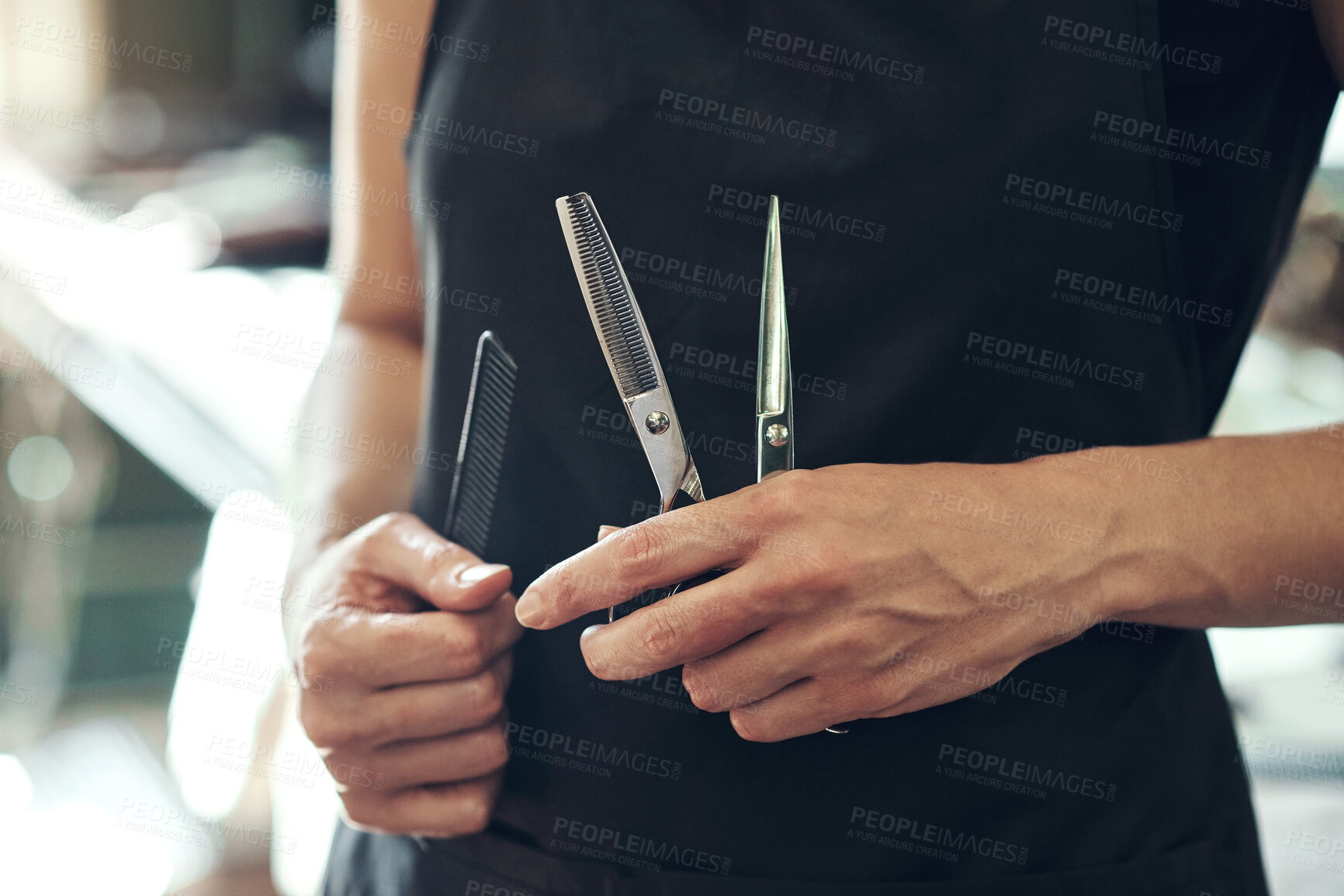 Buy stock photo Barber, scissor and hands of hairdresser in salon for grooming, wellness and styling for hair service. Professional, tools and closeup of person in barbershop for haircare, trim and cut for hairstyle