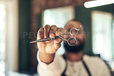 Buy stock photo Barber, man and closeup of hand with scissors for haircut, haircare or hairstyle appointment. Hairdresser, professional stylist and sharp equipment for grooming treatment, ready to cut or change hair