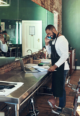 Buy stock photo Smile, document and man with phone call at barber for client booking, discussion or appointment. Small business, stylist and person with tech in salon for availability, consulting or customer support