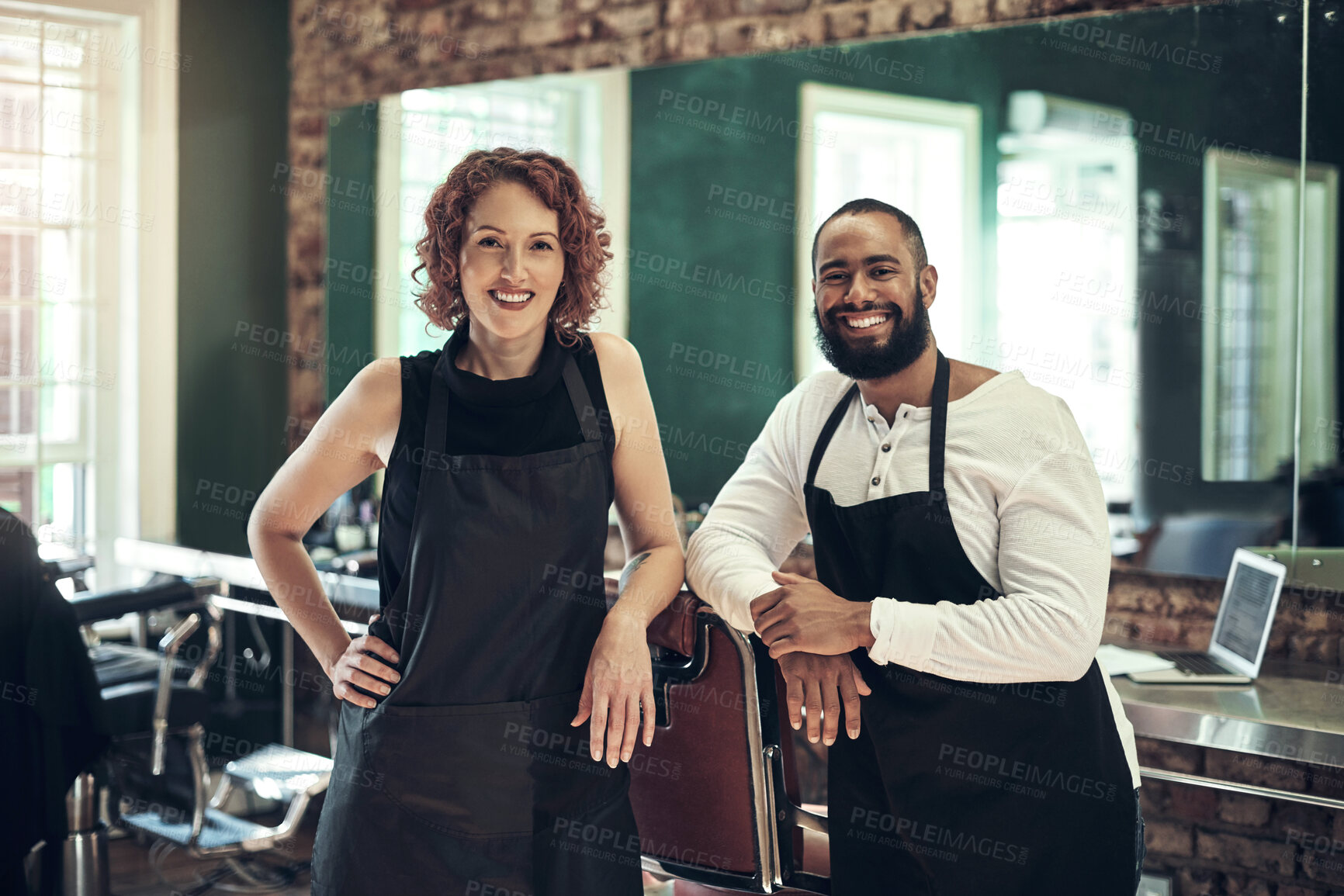 Buy stock photo Portrait, man and woman in barbershop team, with support, collaboration and small business owner. Smile, about us and barber in partnership with confidence, pride and professional hair care service