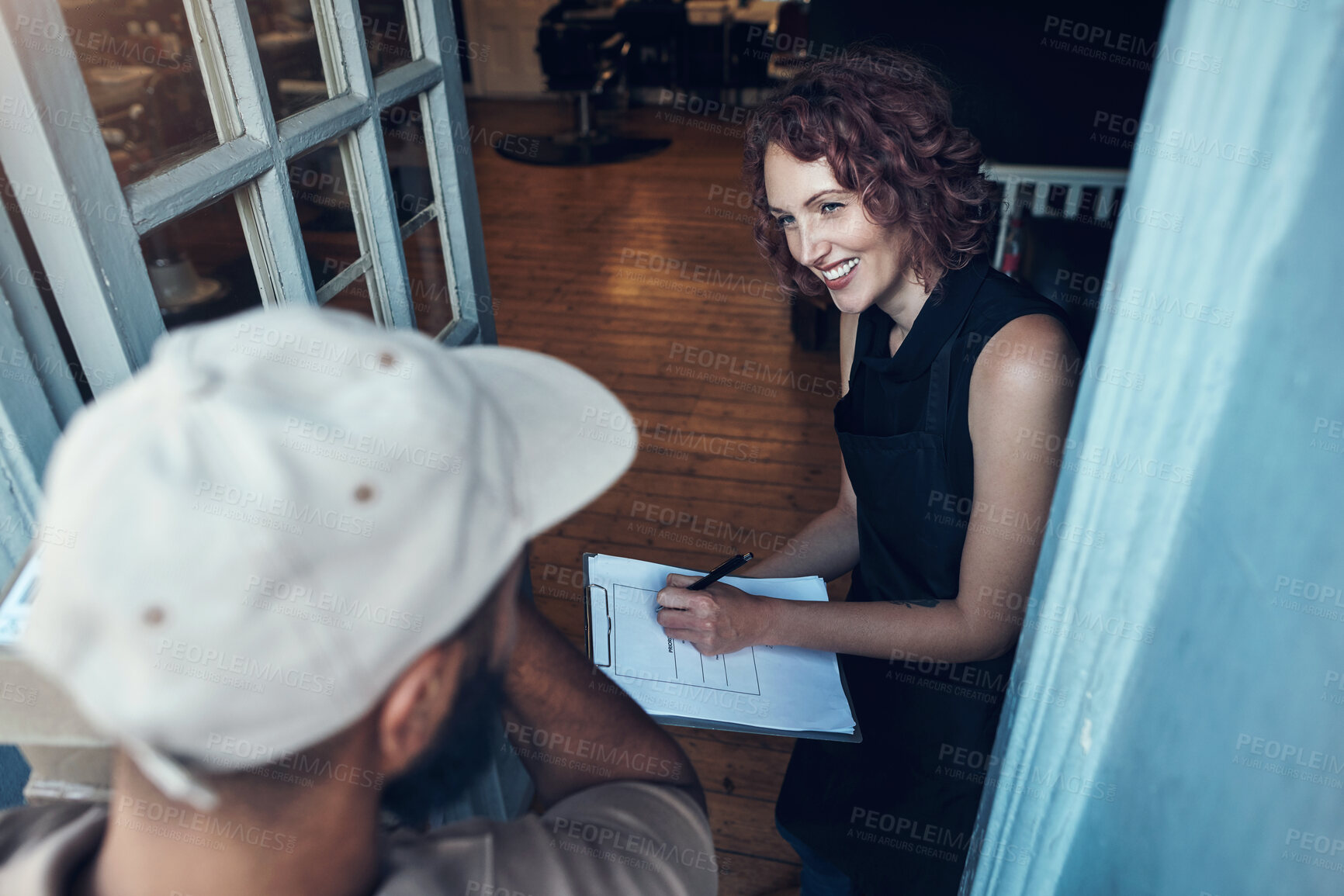 Buy stock photo Delivery man, woman and sign for package at front door with parcel checklist and safety compliance. Logistics, house and happy customer for online shopping order, courier service and supply chain