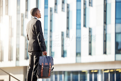 Buy stock photo Back view, businessman and thinking by building in city for sight seeing, journey and travel to work. Black male person, airport and immigration for new career, promotion and startup company project