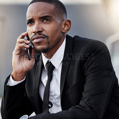 Buy stock photo Businessman, serious and phone call on city steps for networking or business travel plans and communication. Male employee, smartphone and corporate conversation on company feedback or sales review.