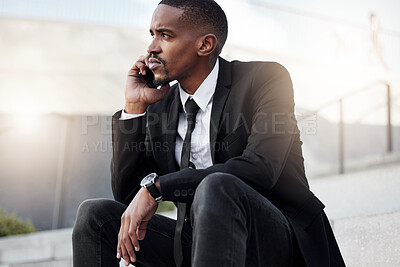 Buy stock photo Businessman, thinking and phone call on city steps for networking or business travel plans and communication. Male employee, smartphone and corporate conversation on company feedback or sales review.