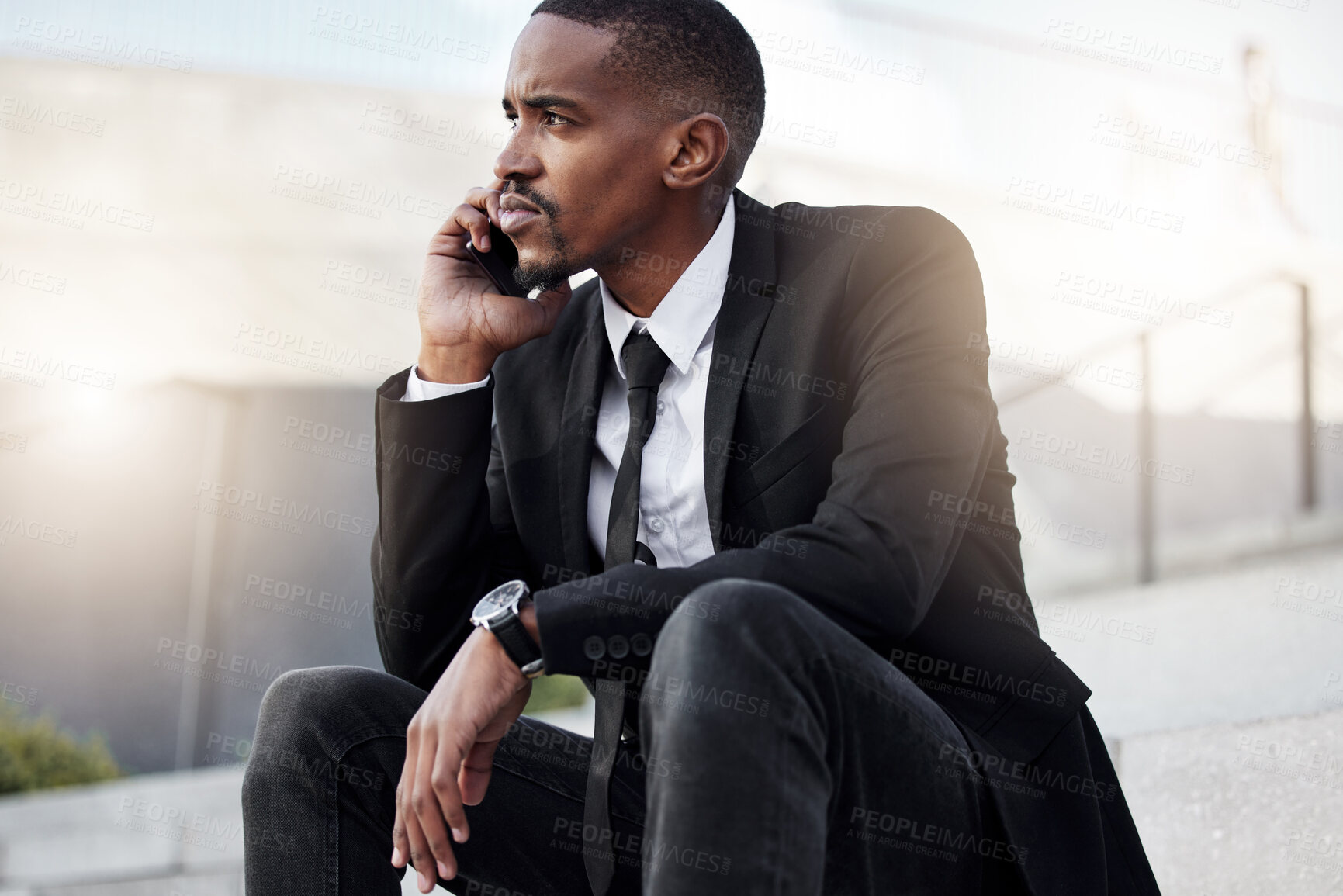 Buy stock photo Businessman, thinking and phone call on city steps for networking or business travel plans and communication. Male employee, smartphone and corporate conversation on company feedback or sales review.