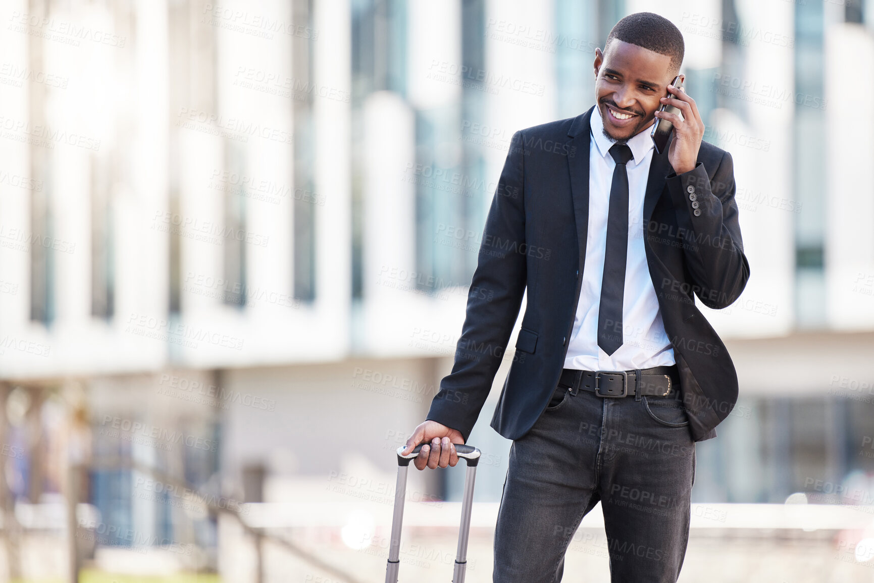 Buy stock photo Happy, businessman and phone call in city for travel plans or communication, business trip and commute to airport. Male entrepreneur, conversation and luggage for career or work expedition and mobile