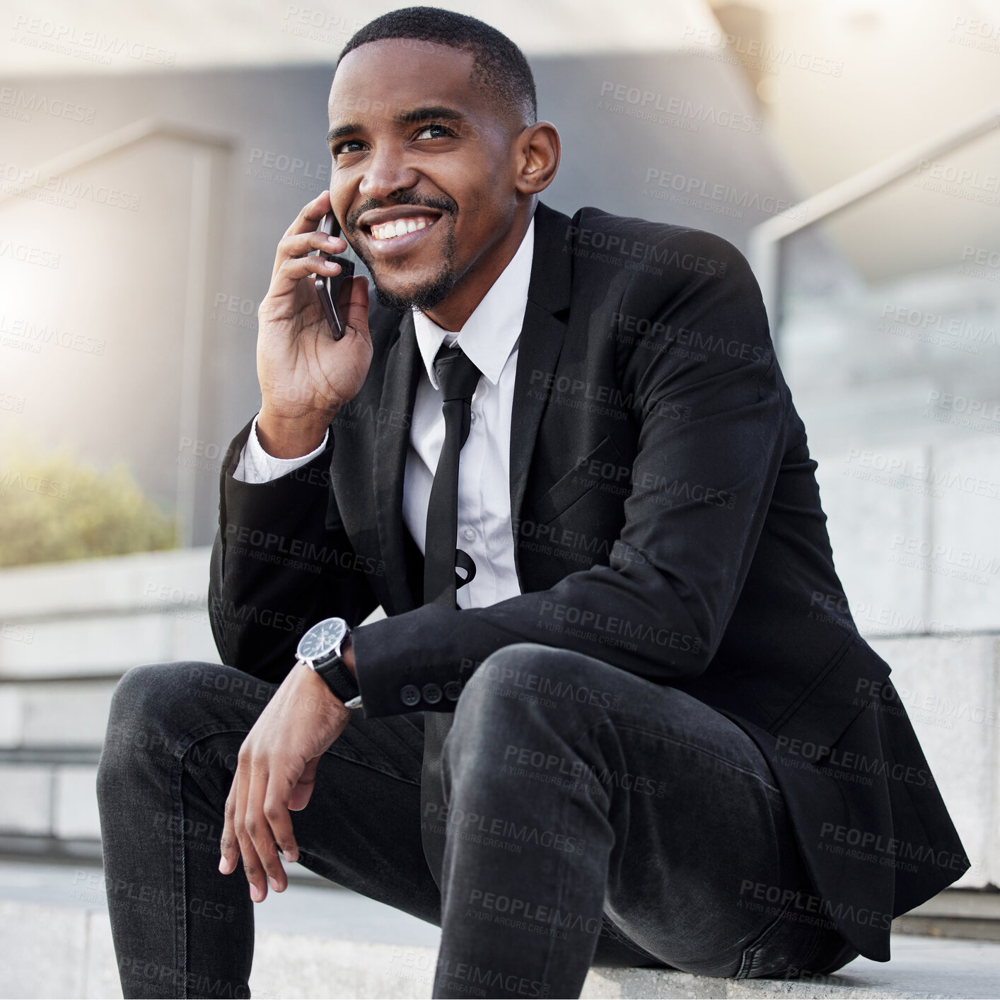 Buy stock photo Businessman, happy and phone call on city steps for networking or business travel plans and communication. Male employee, smartphone and corporate conversation on company feedback or sales review.