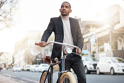 Buy stock photo Bicycle, business and black man in city for travel, morning commute and journey to workplace. Thinking, walking and person with bike for cycling, eco friendly and sustainable transport in urban town