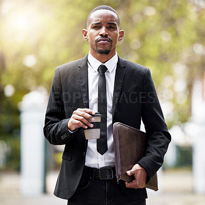 Buy stock photo Coffee, documents and portrait of lawyer black man in park on morning commute to court for trial. Law, legal and serious with confident attorney walking outdoor in garden of city for case or hearing