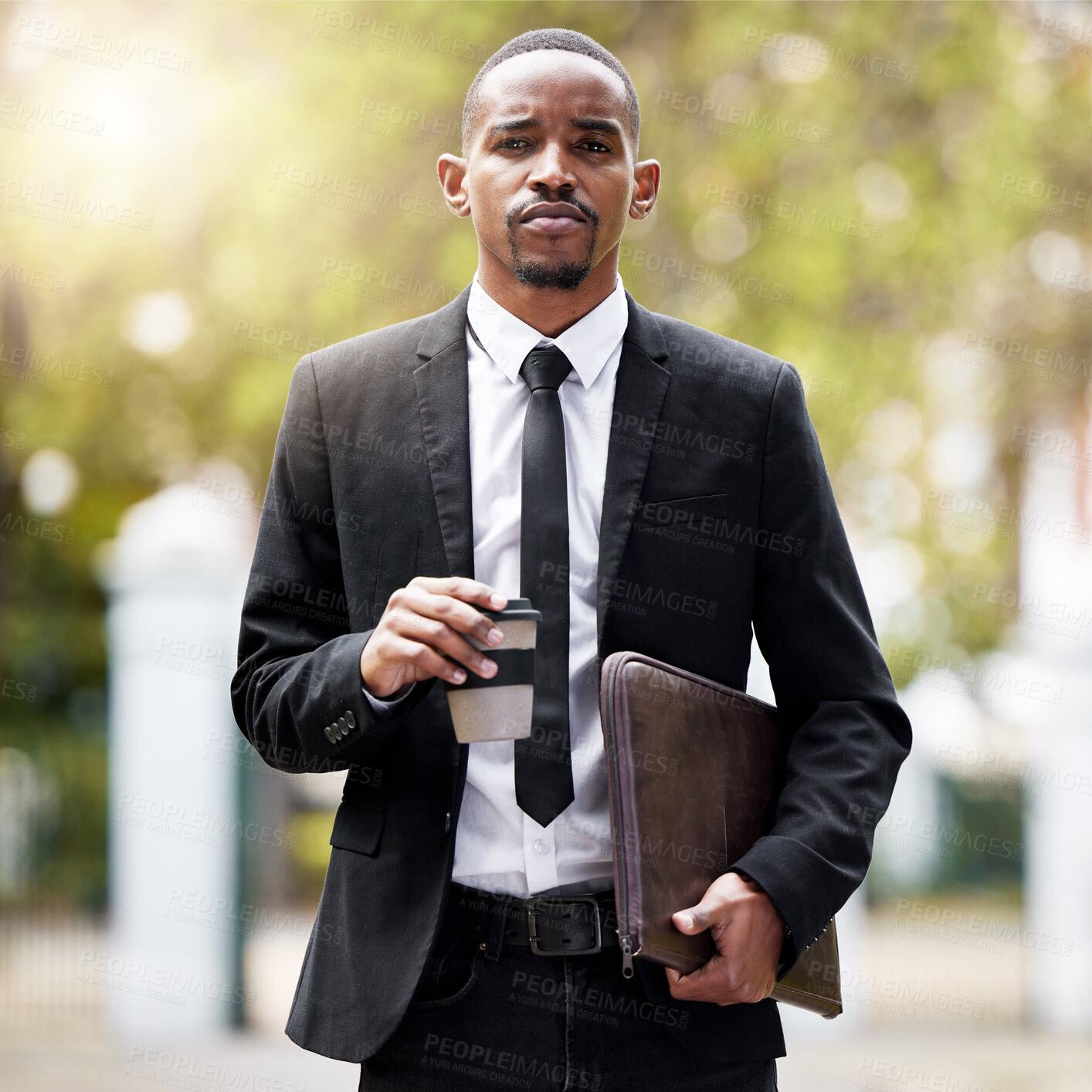 Buy stock photo Coffee, documents and portrait of lawyer black man in park on morning commute to court for trial. Law, legal and serious with confident attorney walking outdoor in garden of city for case or hearing