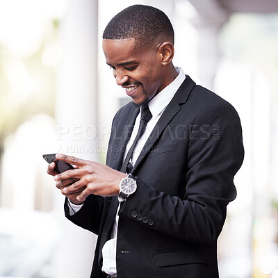 Buy stock photo Professional, chat and black man with smartphone in city for networking, communication or social media. Break, smille and lawyer on mobile for browsing web, texting or connection in urban town