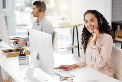 Buy stock photo Portrait, customer service and computer with a woman consultant working in her office for support or assistance. Call center, contact us or crm with a happy female employee consulting using a headset