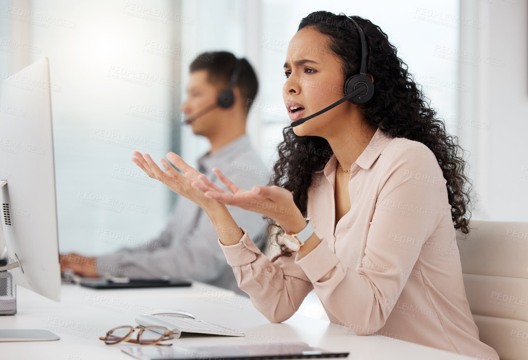 Buy stock photo Frustrated woman, call center and consulting on computer in customer service, support or telemarketing at the office. Upset female person or consultant agent talking to difficult client at workplace