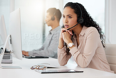 Buy stock photo Business woman, call center and frustrated in burnout, stress or customer service at office. Annoyed and tired female person, consultant or agent talking to difficult client or complaint at workplace