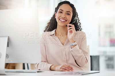 Buy stock photo Portrait, woman and call center agent working on computer in an office, startup or telemarketing company. Happy, person and job in customer service, support or consulting work, crm or communication