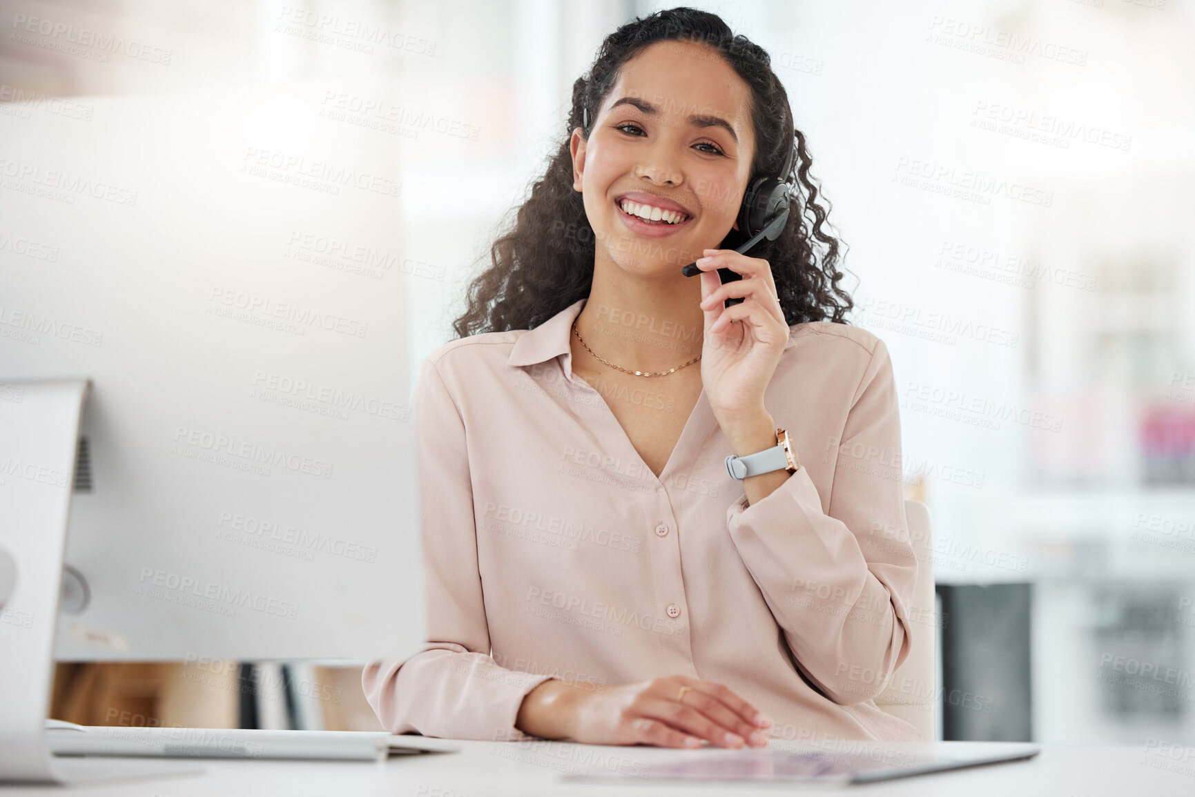 Buy stock photo Portrait, woman and call center agent working on computer in an office, startup or telemarketing company. Happy, person and job in customer service, support or consulting work, crm or communication