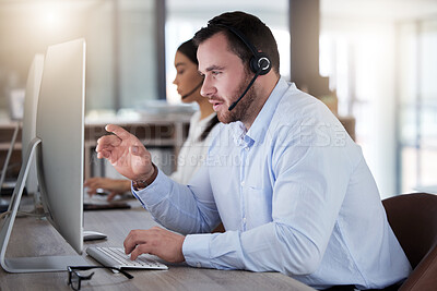 Buy stock photo Call center, consulting and computer with man in office for communication, customer service or help desk. Telemarketing, sales and advice with male employee for commitment, contact us and hotline