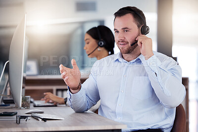 Buy stock photo Call center, consulting and business man in office for communication, customer service or help desk. Telemarketing, sales and advice with male employee for commitment, contact us and hotline