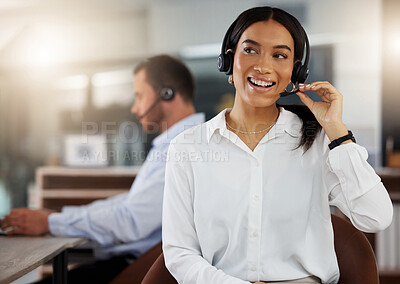 Buy stock photo Woman, telemarketing and call center with idea for customers, contact and business deal. Sales representative, consulting and pc with headset for digital communication, networking and negotiation