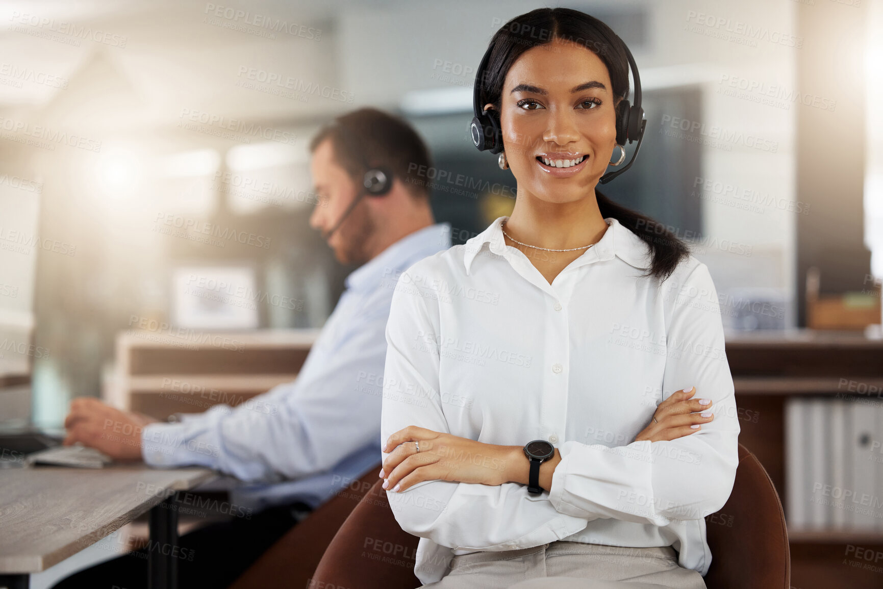 Buy stock photo Woman, office and confident with smile at work with pride for career or job growth as call centre agent. Portrait, female employee and happy with customer service, support and help in telemarketing