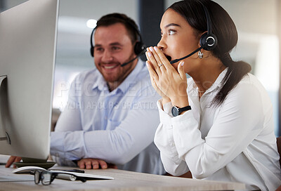 Buy stock photo Shock, computer and woman call center consultant with job promotion, good news or achievement. Surprise, happy and female telemarketing or customer support agent with approval on desktop in office.