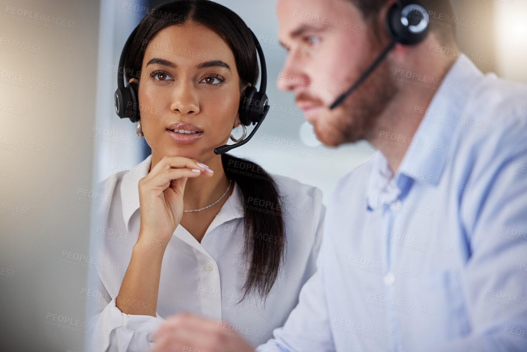 Buy stock photo Teamwork, call center and woman problem solving for support, help or thinking of customer service. Headset, telemarketing and professional consultant with crm solution, collaboration or contact us