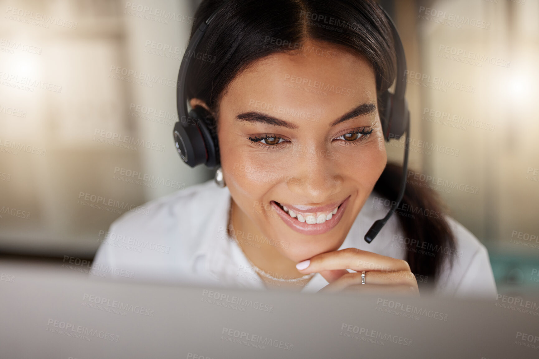 Buy stock photo Woman, headset and call center with smile for telemarketing, contact and business deal. Sales representative, consulting and happy with for digital communication, networking and client negotiation