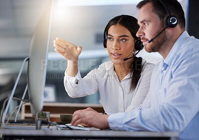 Buy stock photo Computer, call center and woman coaching man for support, help or customer service team training at internship. Teaching, telemarketing or professional consultant with mentor for learning about us