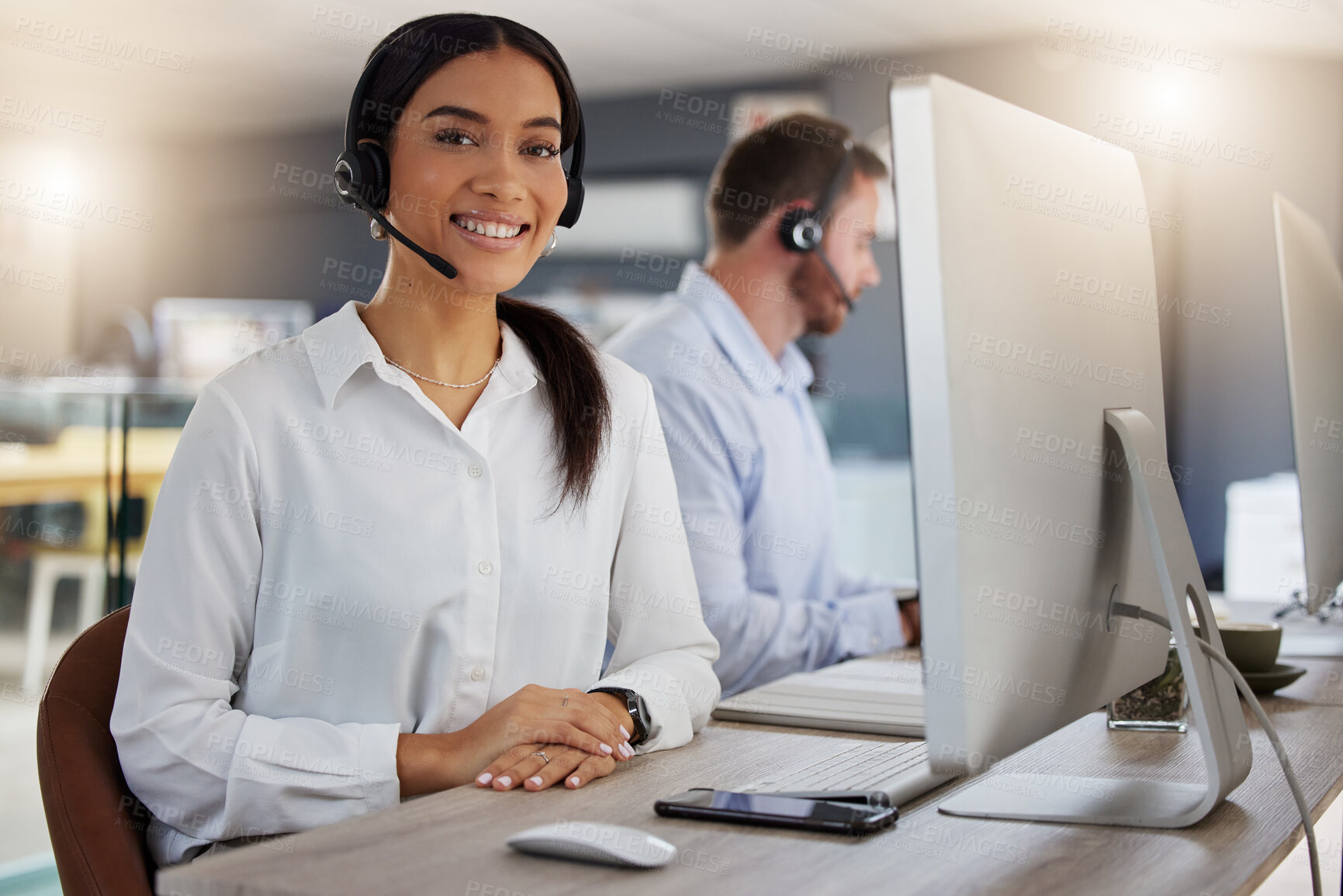 Buy stock photo Call center, consulting and portrait with woman in office for communication, customer service or help desk. Telemarketing, sales and advice with female employee for commitment, contact us and hotline