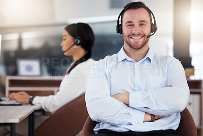 Buy stock photo Man, telemarketing and call center with confidence for customers, contact and business deal. Sales representative, consulting and pc with headset for digital communication, networking and negotiation
