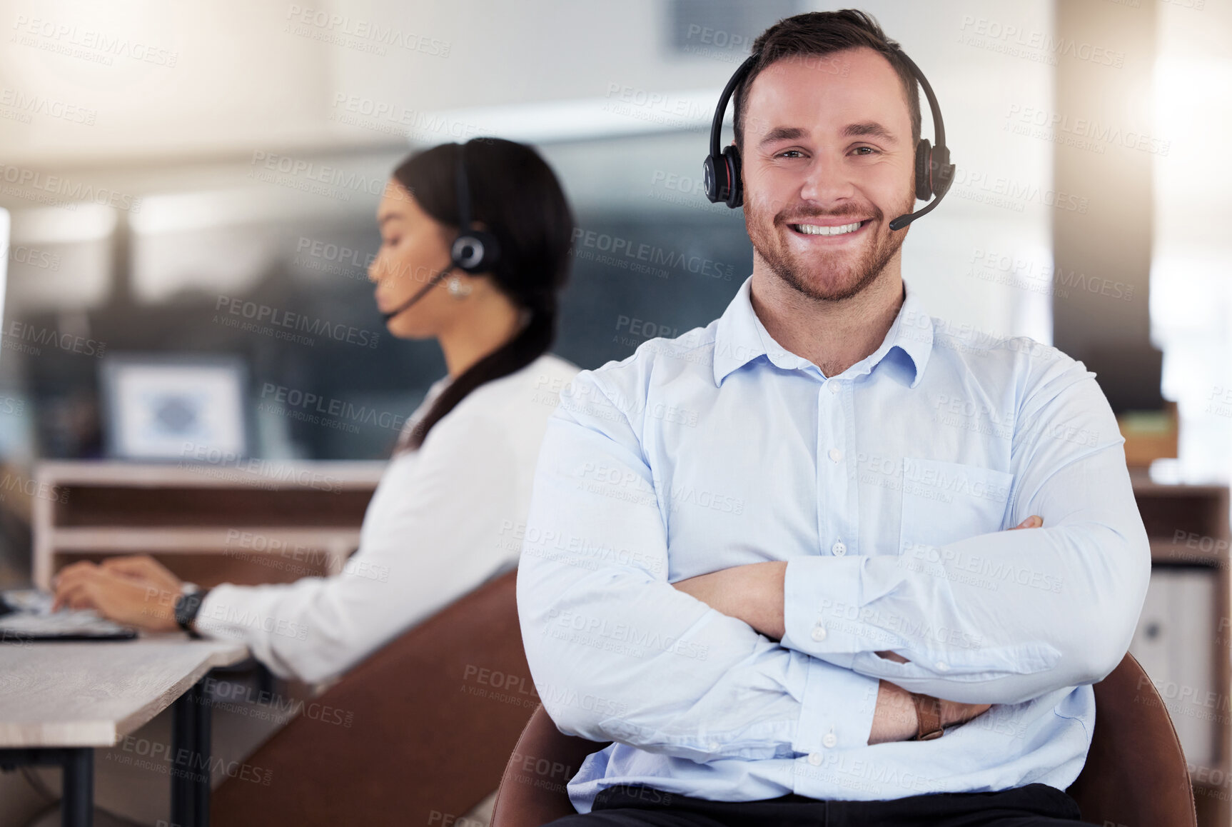 Buy stock photo Man, telemarketing and call center with confidence for customers, contact and business deal. Sales representative, consulting and pc with headset for digital communication, networking and negotiation