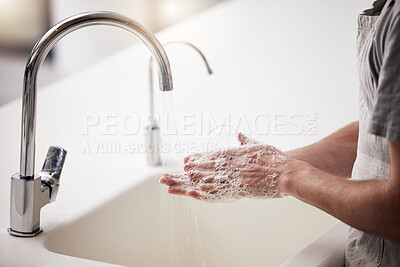 Buy stock photo Hands, washing and water with soap in house for hygiene with wellness for cleanliness. Bathroom, health and prevention of flu with person with protection from infection with cleansing for care