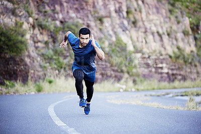 Buy stock photo Mountain, running and man exercise on road with speed on path in summer for fitness and cardio training. Athlete, workout or healthy journey outdoor on countryside street with fast sprint or runner