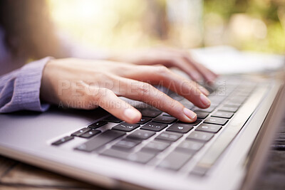 Buy stock photo Typing, woman hands and laptop in garden for university research, college application or remote work outdoor. Park, search and person or student on computer of e learning, online education and study