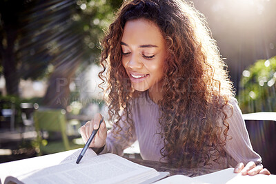 Buy stock photo Reading, studying and woman with books outdoor in park, cafe or university campus, notes and exam goals. Planning, knowledge and african person or college student for remote work and scholarship