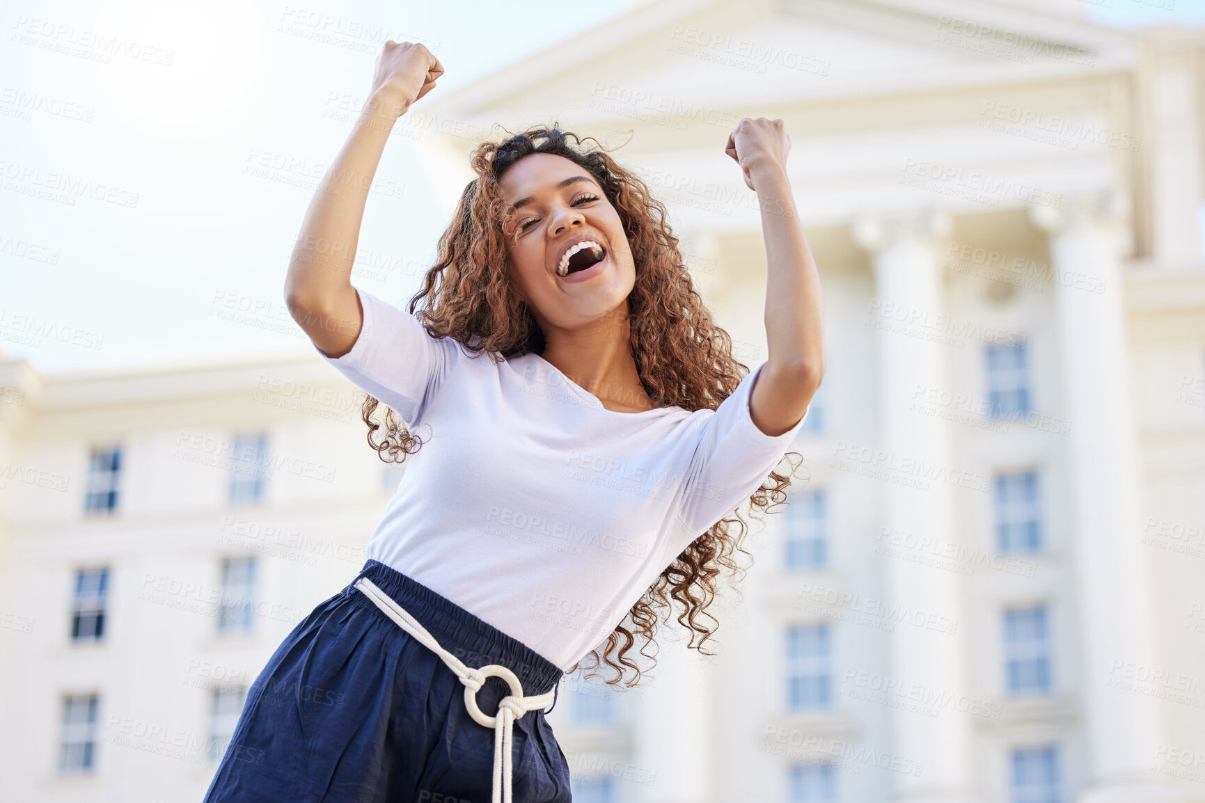 Buy stock photo University student, girl and celebration with fist in portrait at with winning, studying and goals for education. Woman, person and excited with cheers, learning and success with results at college