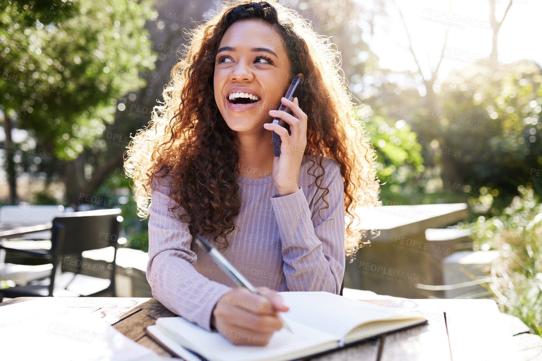 Buy stock photo University, book or phone call by woman in park for writing, study or homework, research or gossip. Education, learning or gen z student for notebook, planning or exam advice by contact communication