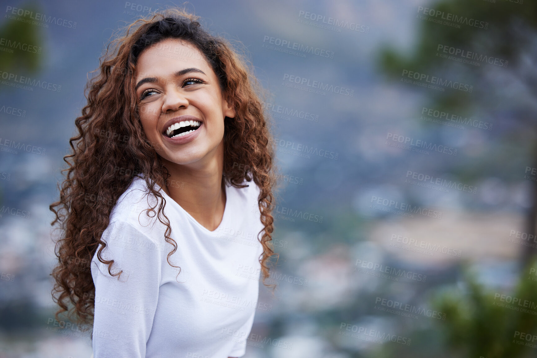 Buy stock photo Fitness, hiking and happy woman in nature with training, achievement or cardio exercise, steps and progress milestone. Smile, laugh or excited runner outdoor with workout, marathon or sports victory